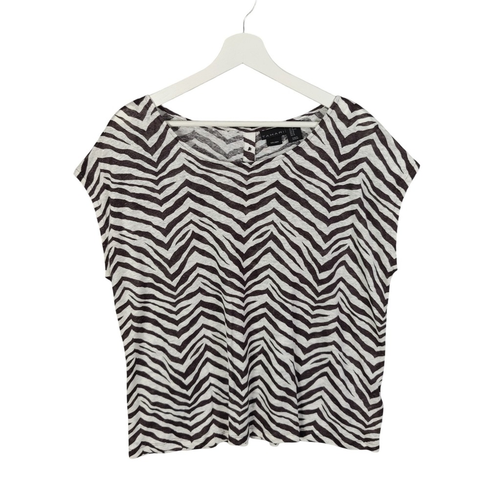 Tahari Womens Safari Zebra Coastal Linen Art Top XL Brown White Button Back Cap